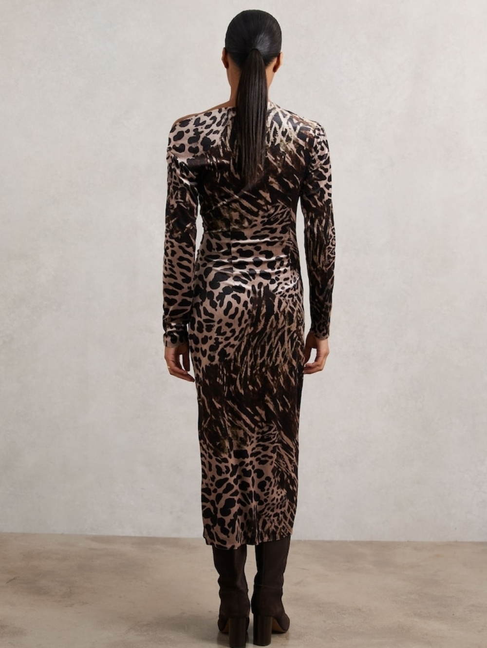 Reiss Briana Velvet Leopard Midi Dress Black/Brown Off Shoulder Long Women's 8 - Picture 2 of 11